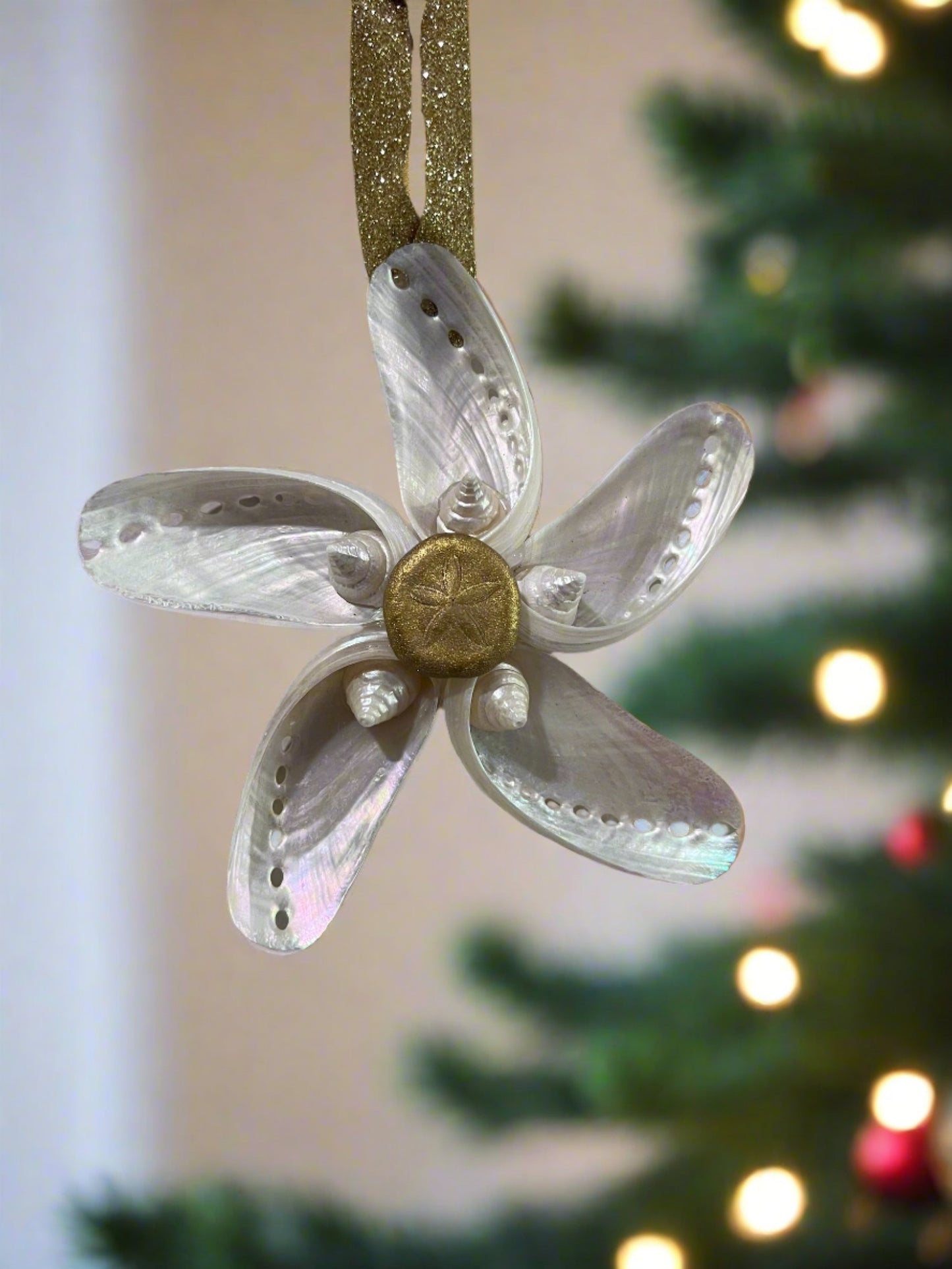 Abalone Gold Snowflake with Sea Biscuit Ornament Large