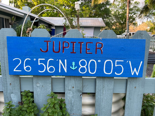 “Jupiter” with coordinates Wood Sign